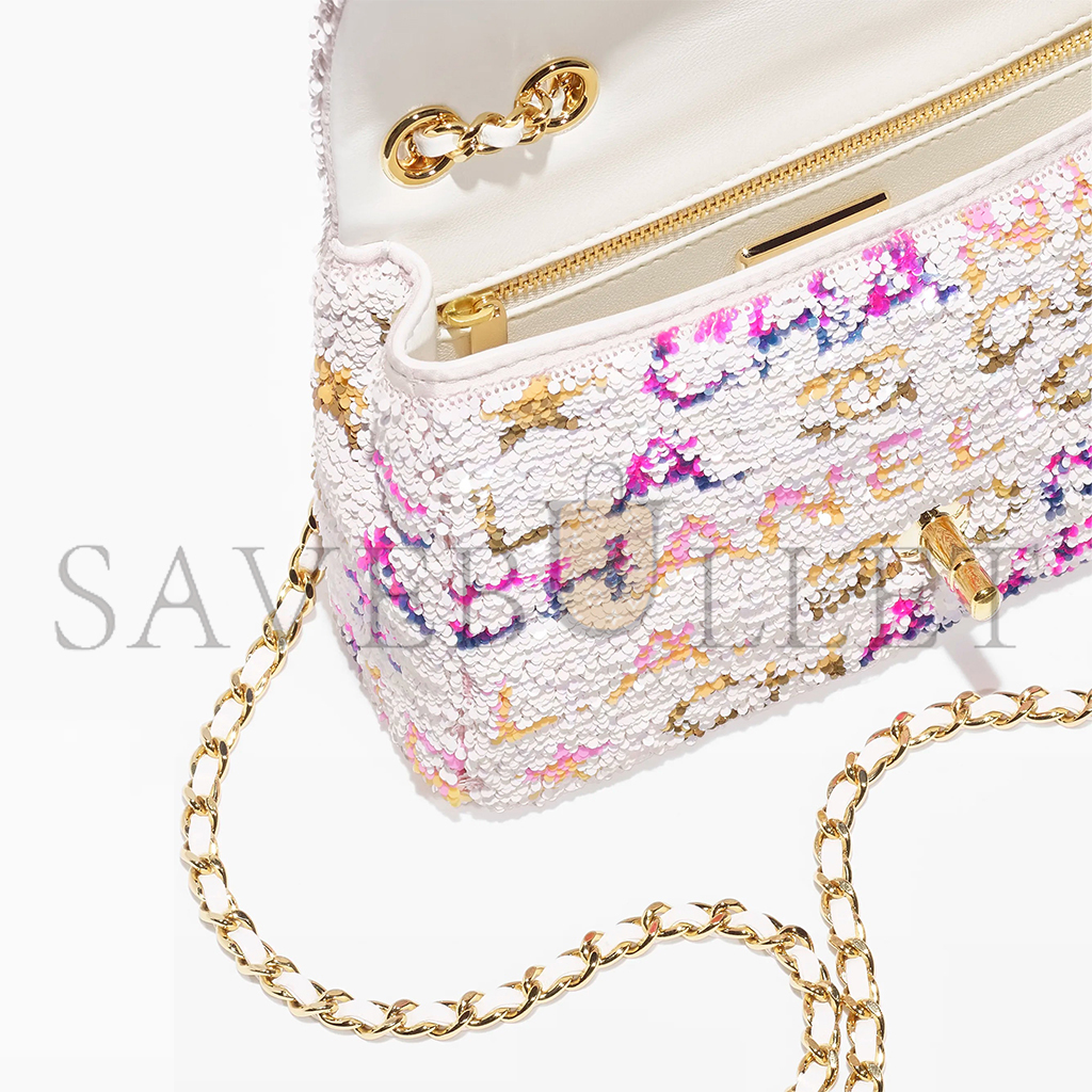 Ch*el sequin logo cc small single flap white multicolor (20*13*6cm)
